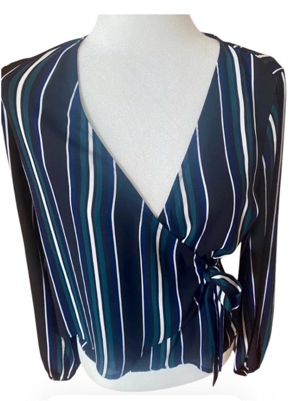 Express Striped Wrap Blouse Small Teal Navy Tie Waist Long Sleeve Workwear